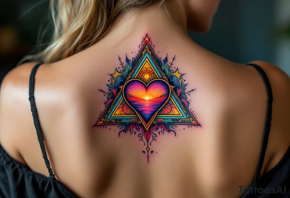 A triangle with a big heart in the center with a world travel theme tattoo idea