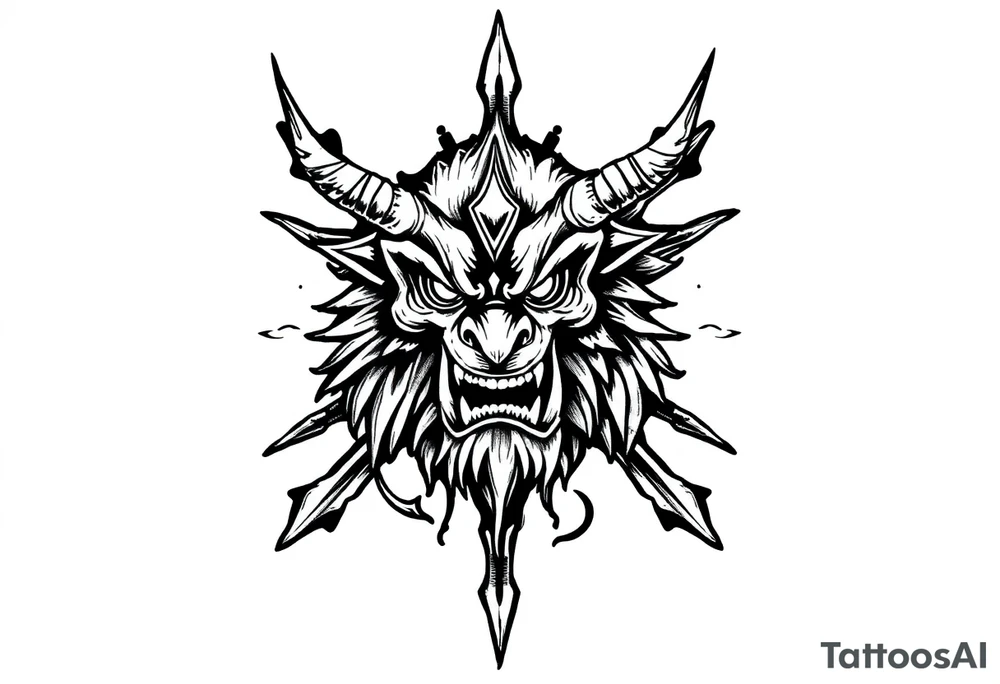 Abstract asterisk with a Japanese folklore demon from old times tattoo idea