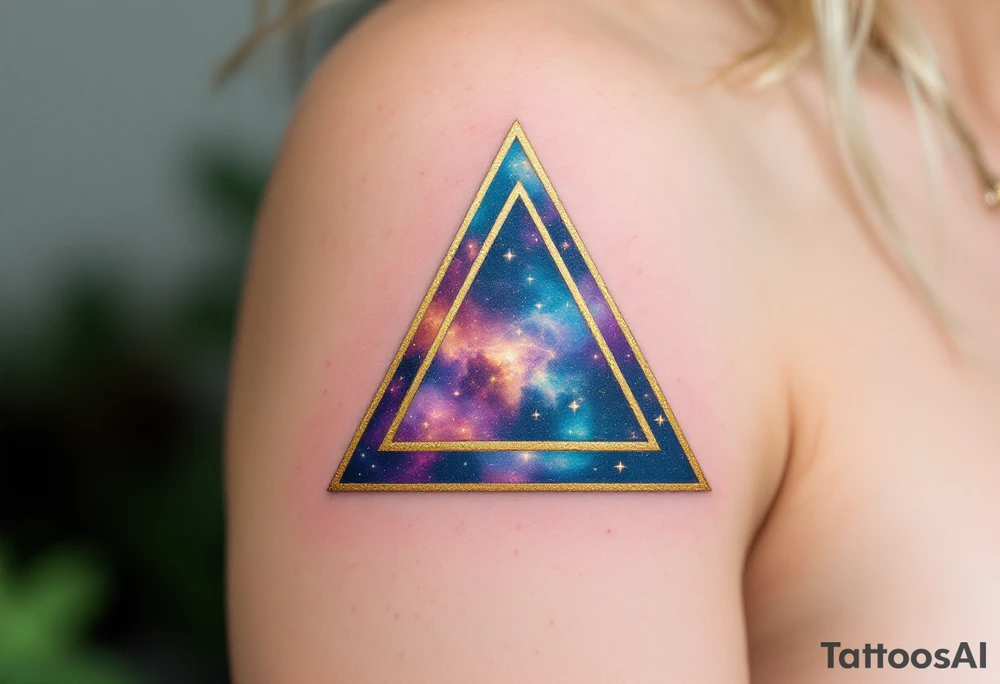 A gold-outlined triangle with a galaxy background, capturing the mystery of the universe. tattoo idea