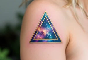 A gold-outlined triangle with a galaxy background, capturing the mystery of the universe. tattoo idea