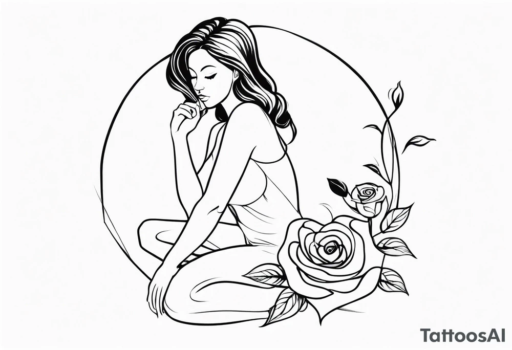 Bloomed rose with female body, kneeling tattoo idea