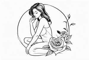 Bloomed rose with female body, kneeling tattoo idea