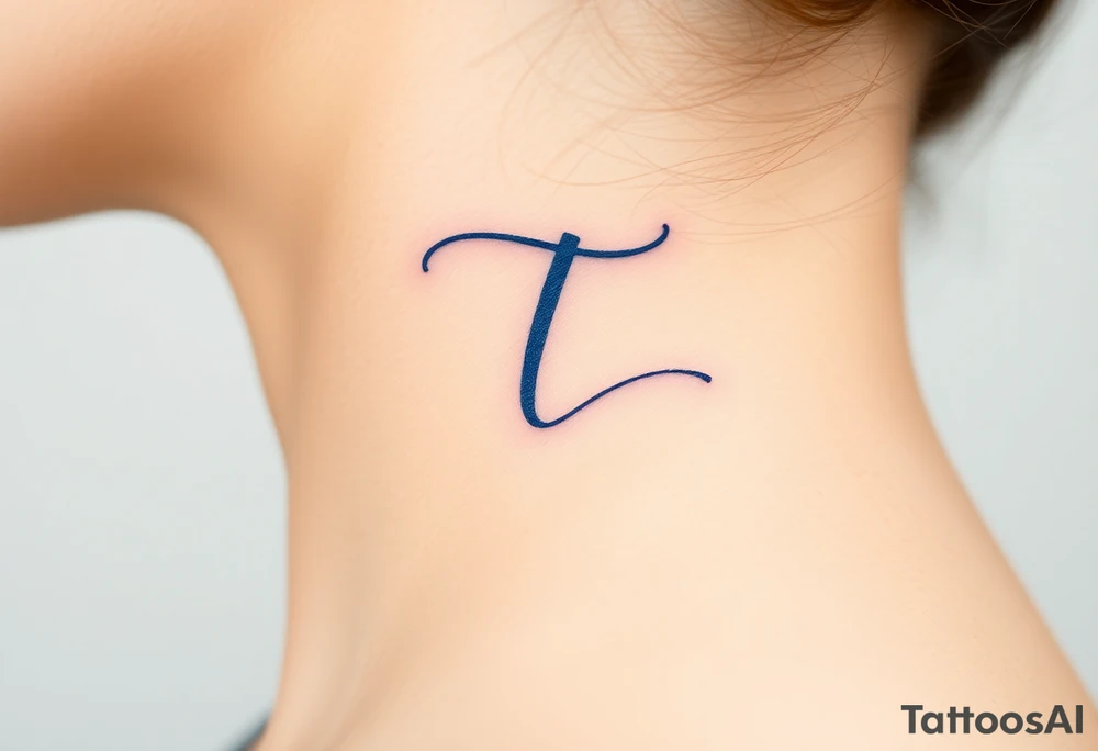 A handwritten "T" in indigo ink, underlined with a delicate wave. tattoo idea