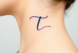 A handwritten "T" in indigo ink, underlined with a delicate wave. tattoo idea
