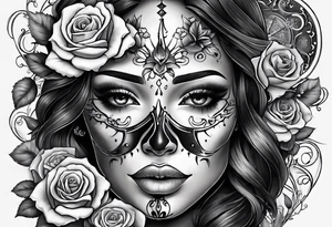 Hispanic/ Latin  woman  with half skull,  roses, loving heART, strength,  cancer zodiac , time heals all tattoo idea