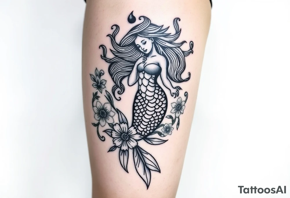 mermaid with flowing hair among coral and sea flowers and snakes tattoo idea