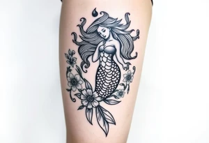 mermaid with flowing hair among coral and sea flowers and snakes tattoo idea