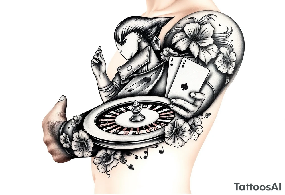 Gambling theme with the joker number 13 with roulette table slot machines and cards tattoo idea