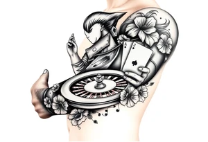 Gambling theme with the joker number 13 with roulette table slot machines and cards tattoo idea