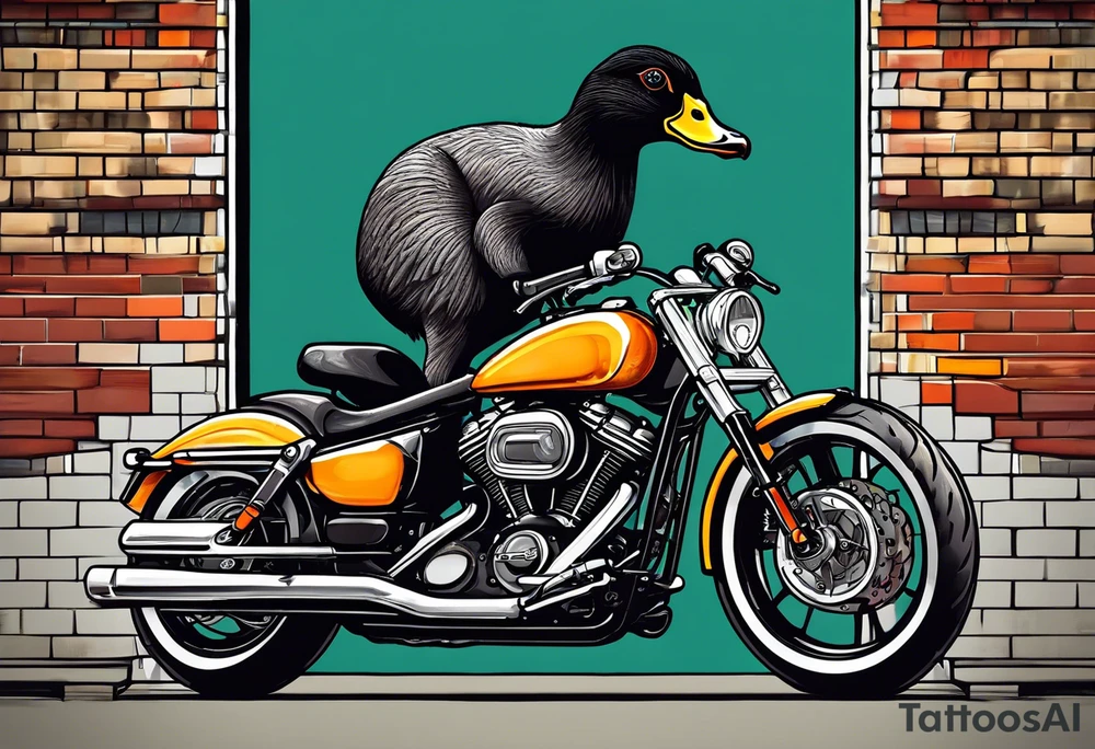 A silly goose riding a drop bar road bike. The goose should be wearing block sunglasses. Not a motorcycle. tattoo idea