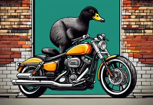 A silly goose riding a drop bar road bike. The goose should be wearing block sunglasses. Not a motorcycle. tattoo idea
