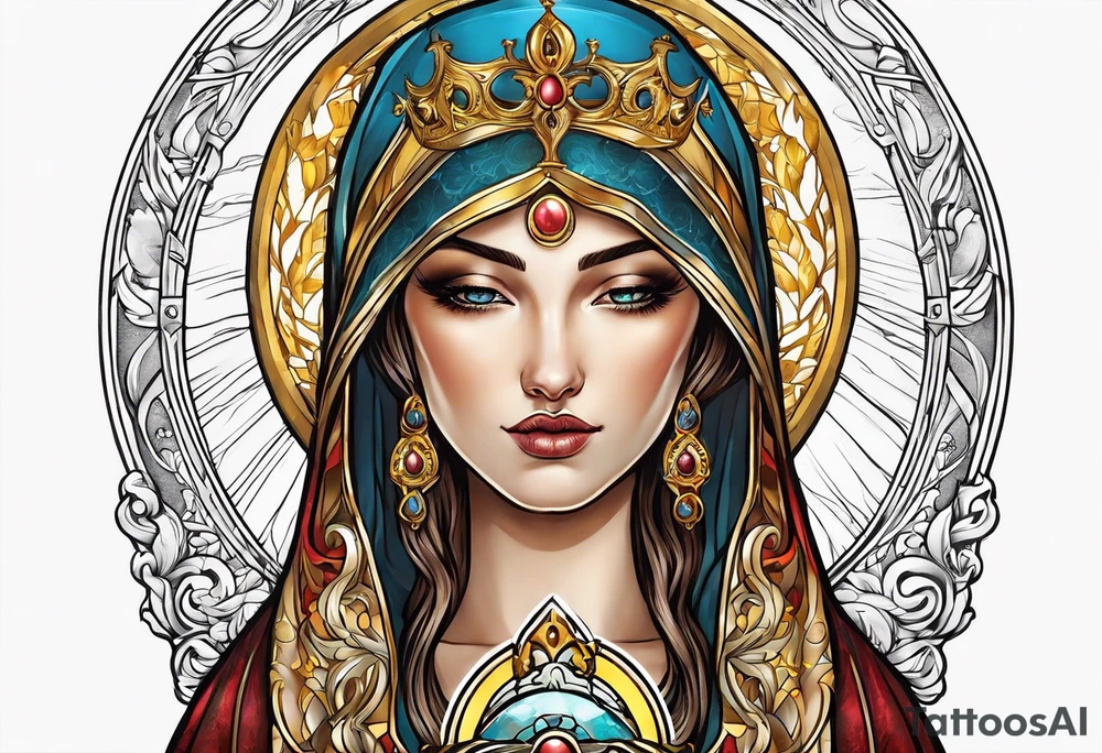 holy saint woman turned away with golden halo holding a chalice tattoo idea