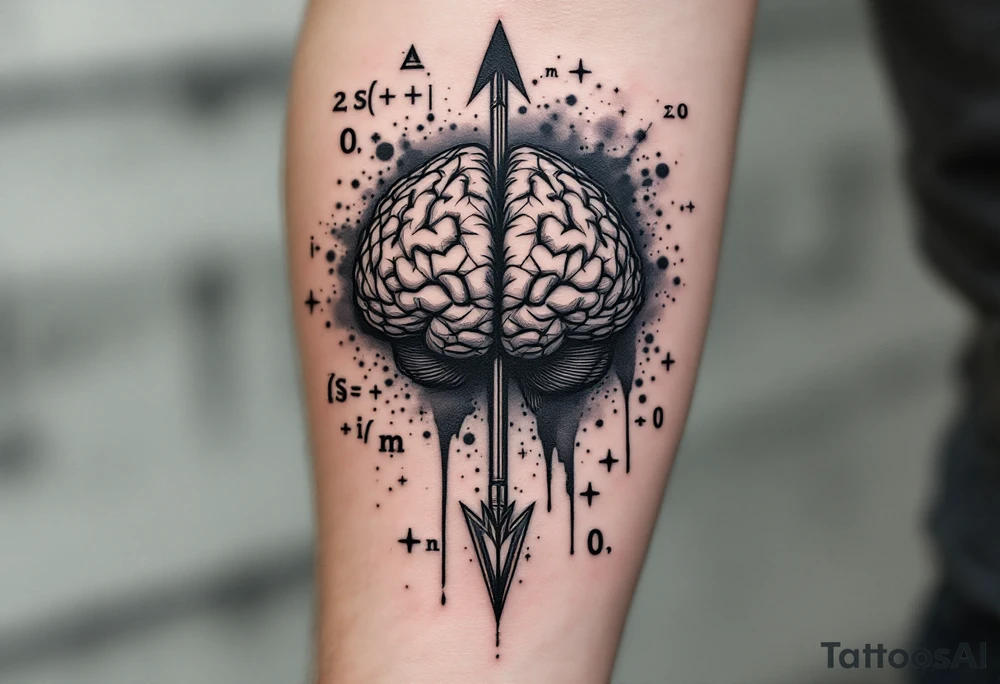 A front-seen brain in geometric and straight lines, math symbols arround. A detailed arrow crosses from below and exit from the top, with its tip desintegrating to represent entropy and watercolor stains spilled from the arrow. Around of the main tattoo, math and physics formulas fill the space, including the formula "ΔS ≥ 0" and the formula "(iδ + m) Φ = 0" tattoo idea