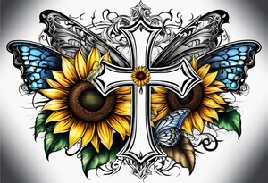 Winged cross with sunflower and butterflies tattoo idea