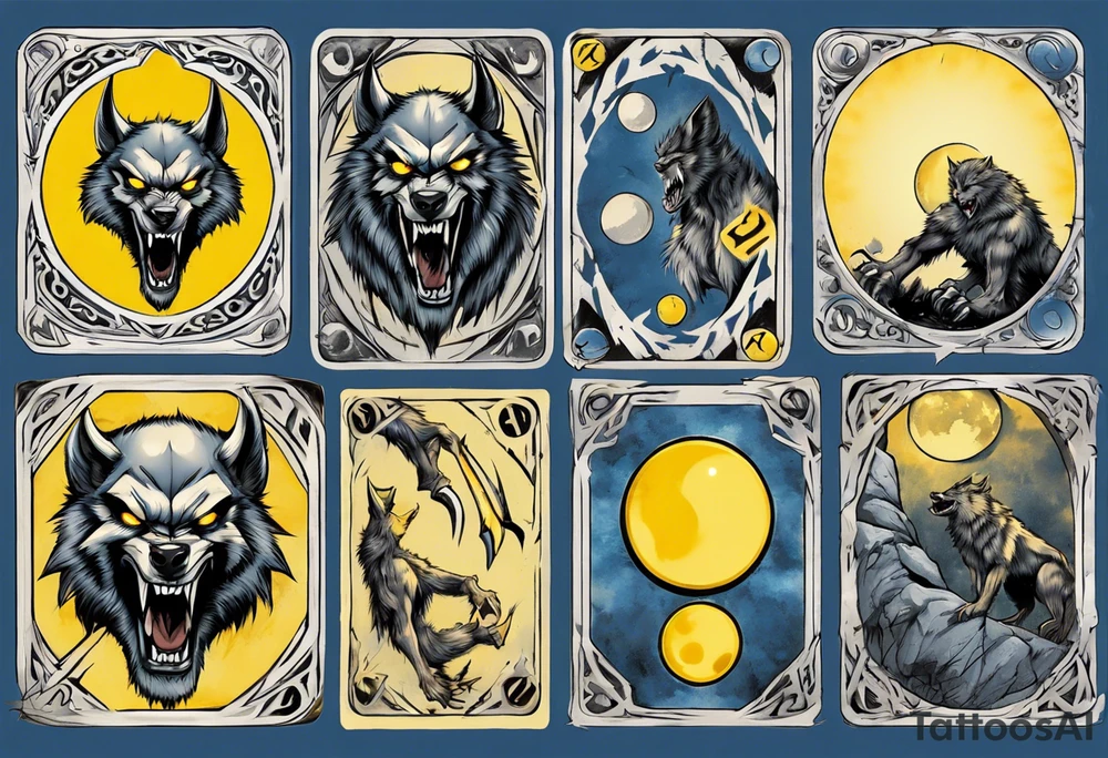 A large 20 sided Dice in the center with numbers and wolverine claw marks framing the area underneath the dice and a werewolf howling at the moon in the background, and blue and yellow faded background color tattoo idea