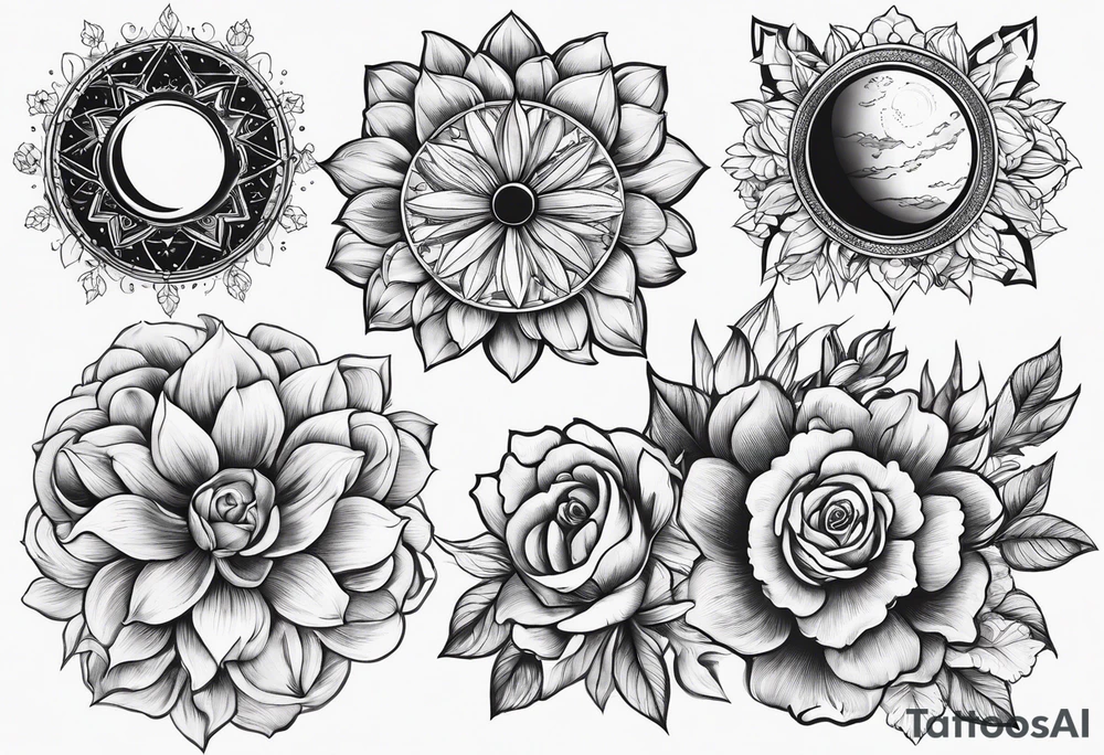 solar system with flowers spine tattoo idea