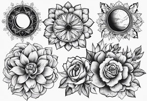 solar system with flowers spine tattoo idea