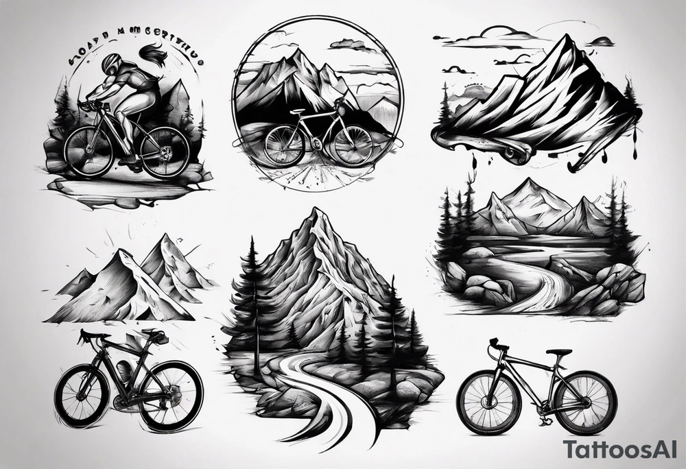 flexed bicep with road bicycle and a mountain tattoo idea
