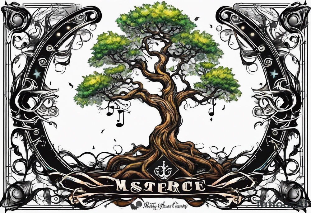 tree with guitar neck as trunk and roots are an anchor tattoo idea
