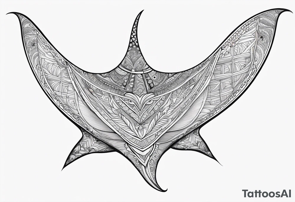 Tattoo sketch of manta ray in outline, without shadows and background, made of sacred ornament tattoo idea