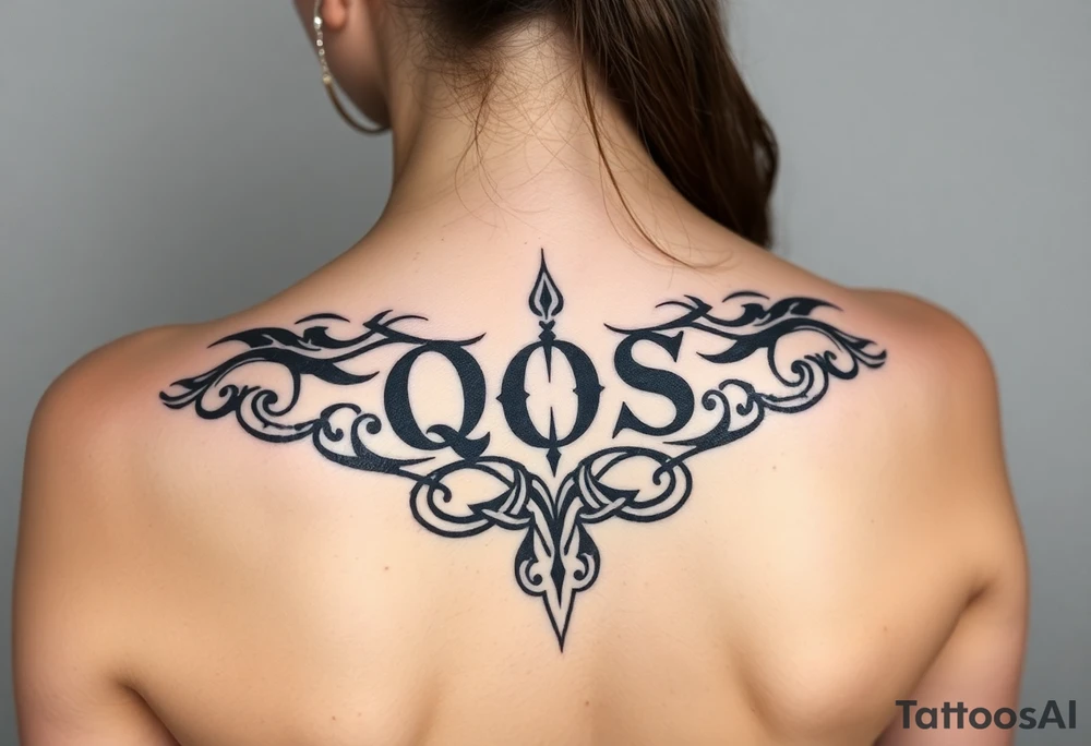 text reading "QOS" across a womb tattoo tattoo idea