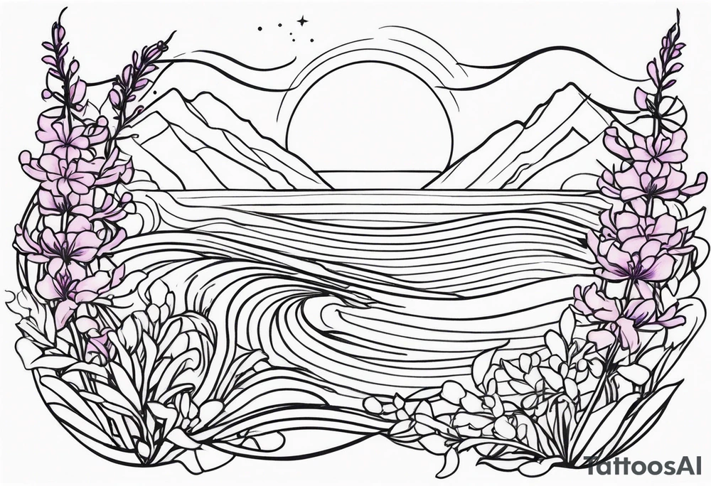 ocean wave surrounded by lupin and fireweed vines tattoo idea