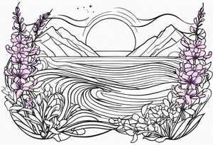 ocean wave surrounded by lupin and fireweed vines tattoo idea