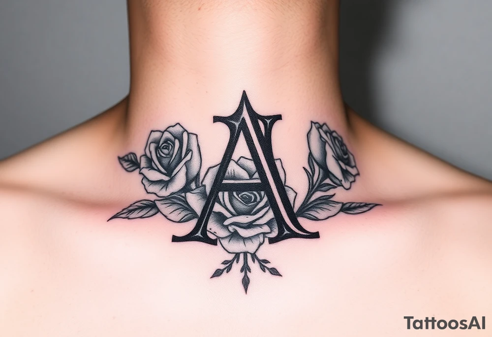 Create a throat tattoo using old english font of Letter A with subtle rose background tattoo idea