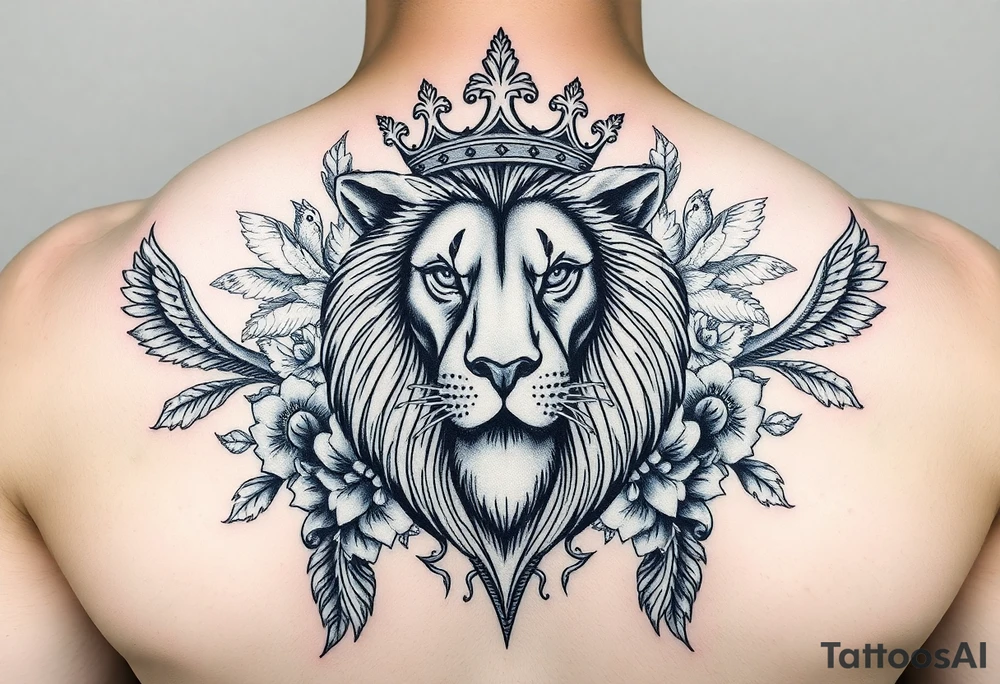 powerful majestic lion with a crown, surrounded by floral ornaments and birds tattoo idea