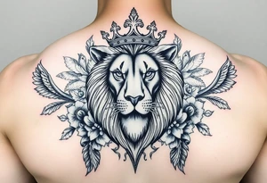powerful majestic lion with a crown, surrounded by floral ornaments and birds tattoo idea