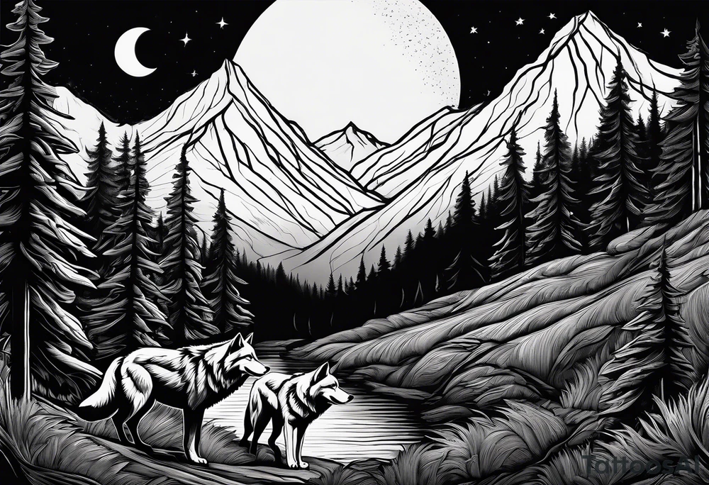 Half sleeve from shoulder
Peaks of mountains with a moon behind it
Dark woods below the mountains with a narrow trail with two wolves on bottom of the trails tattoo idea
