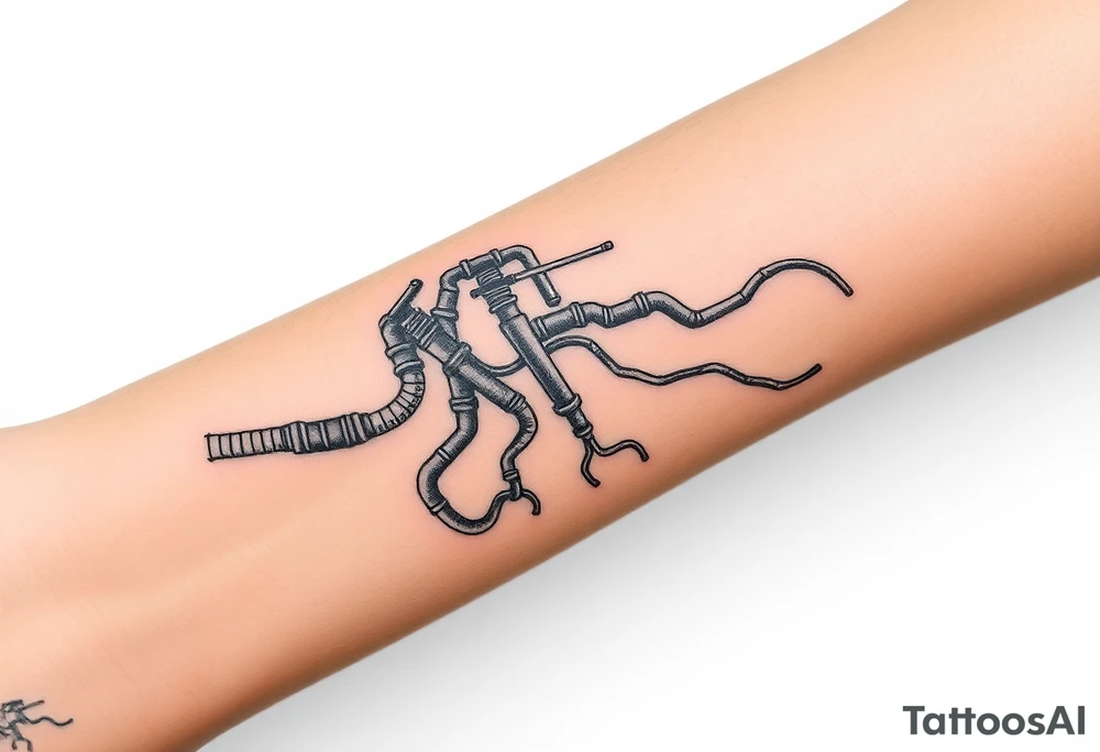long
System of pipes that transitions into veins of forearm tattoo idea