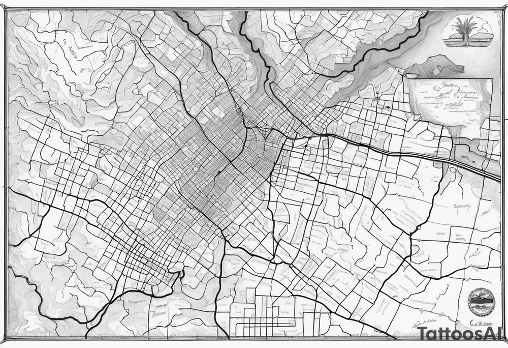 Draw a Streetmap with only one road from San Francisco to San Diego via Yosemite Park, Death Valley, Las Vegas, Grand Canyon, Joshua Tree and Los Angeles. DO it only in Black and White and in a minimalistic Style. tattoo idea
