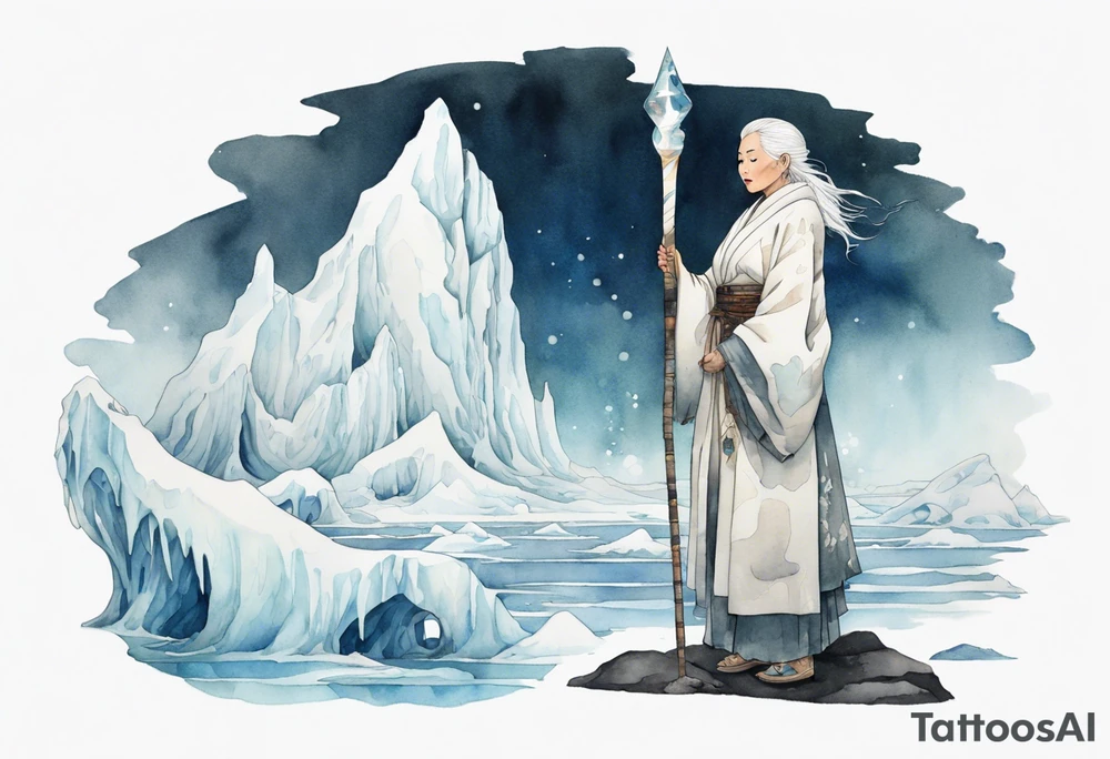 a 40 year old Inuit woman with white hair and a white robe holding a white staff, standing on an iceberg tattoo idea