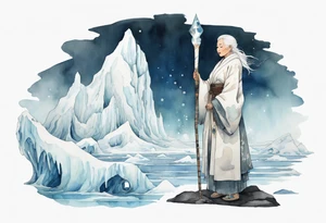 a 40 year old Inuit woman with white hair and a white robe holding a white staff, standing on an iceberg tattoo idea