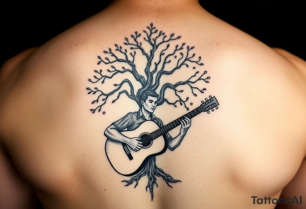 Man playing acoustic guitar underneath tree of life tattoo idea