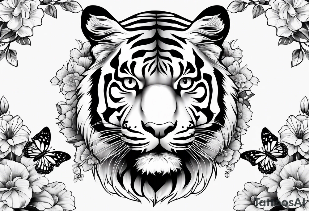 tiger, 3 butterflies, flowers for ladies thigh / hip shaded tattoo idea