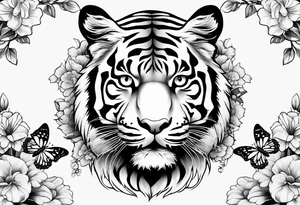 tiger, 3 butterflies, flowers for ladies thigh / hip shaded tattoo idea
