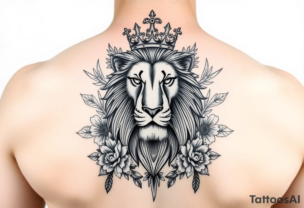 powerful majestic lion with a crown, surrounded by floral ornaments and birds tattoo idea