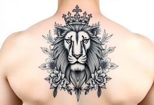 powerful majestic lion with a crown, surrounded by floral ornaments and birds tattoo idea