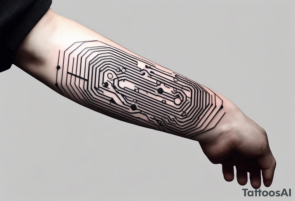 Located on the inner forearm. Simple tattoo Technology inspired with circuits. Incorporate two bolder lines that go fully around the arm. It should be minimalistic. tattoo idea