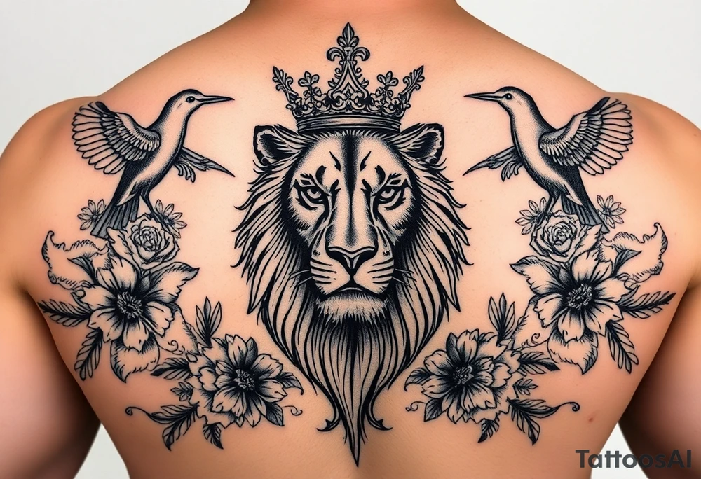 powerful majestic lion with a crown, surrounded by floral ornaments and birds tattoo idea