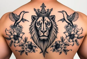 powerful majestic lion with a crown, surrounded by floral ornaments and birds tattoo idea