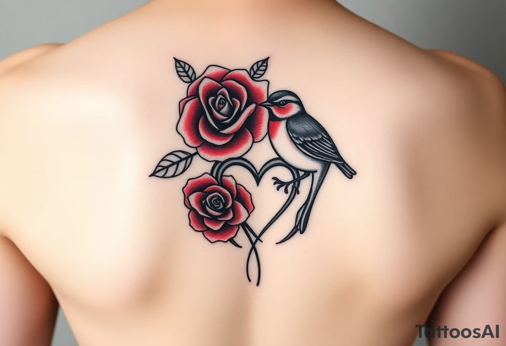 Feminine red rose and robin with a infinity heart on hip tattoo idea