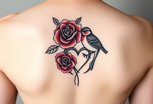 Feminine red rose and robin with a infinity heart on hip tattoo idea