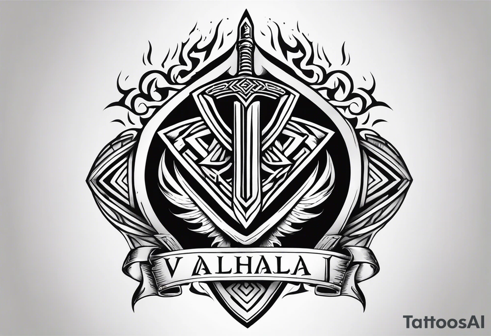 Valhalla shield sword axe Valknut fire tattoo idea