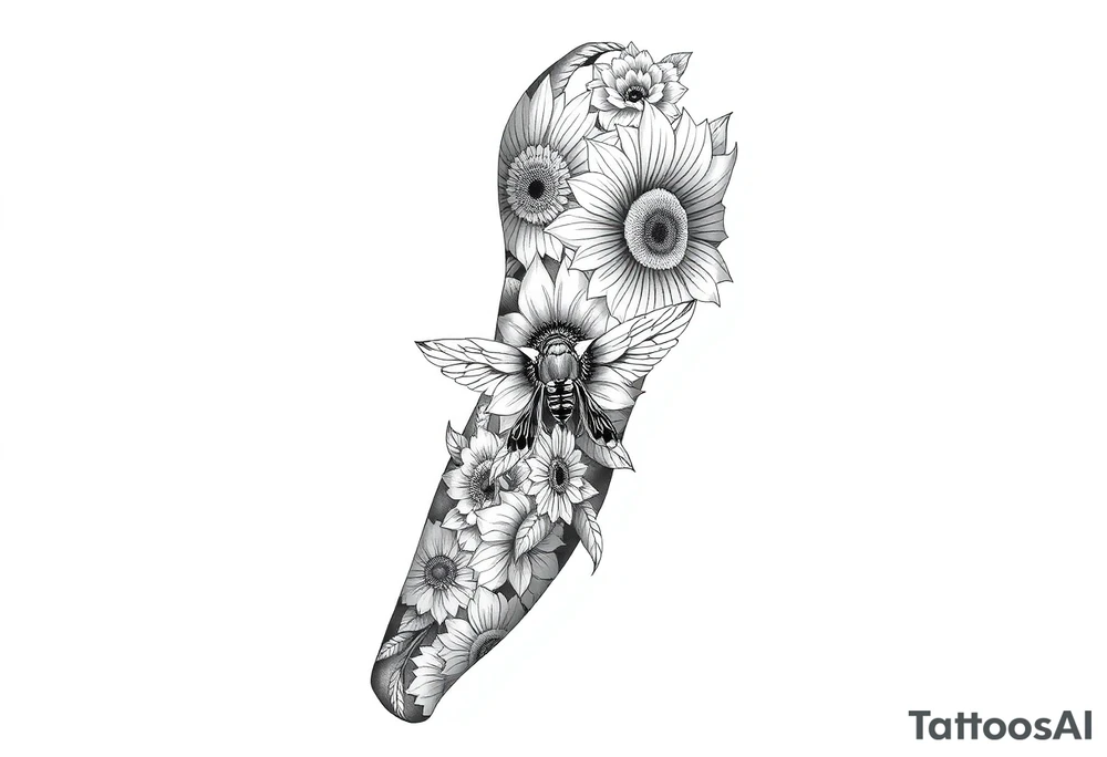 Create a design full sleeve arm tattoo with Tulip 
Sunflower 
Roses 
Bee 
Water 
Fire 
Earth 
Wind 
Phoenix 
Evil eye 
888 tattoo idea
