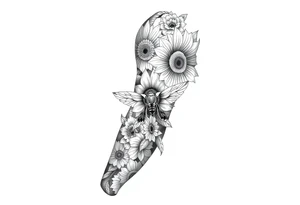 Create a design full sleeve arm tattoo with Tulip 
Sunflower 
Roses 
Bee 
Water 
Fire 
Earth 
Wind 
Phoenix 
Evil eye 
888 tattoo idea