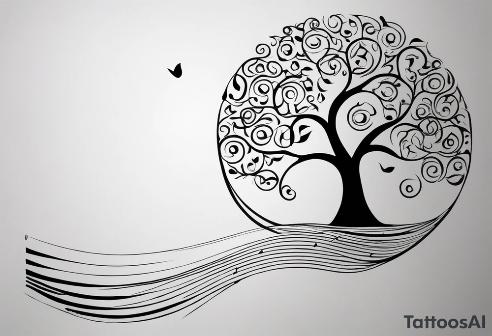 A tattoo design that incorporates the following elements: an abstract tree of life that has roots emerging  from the ground. Waves of water wrap around the tree in a non symmetrical design.  Incorporate musical notes into the tree. the letters U and A are overlapping and engraved into the tree. The game of golf incorporated but not prominent. tattoo idea