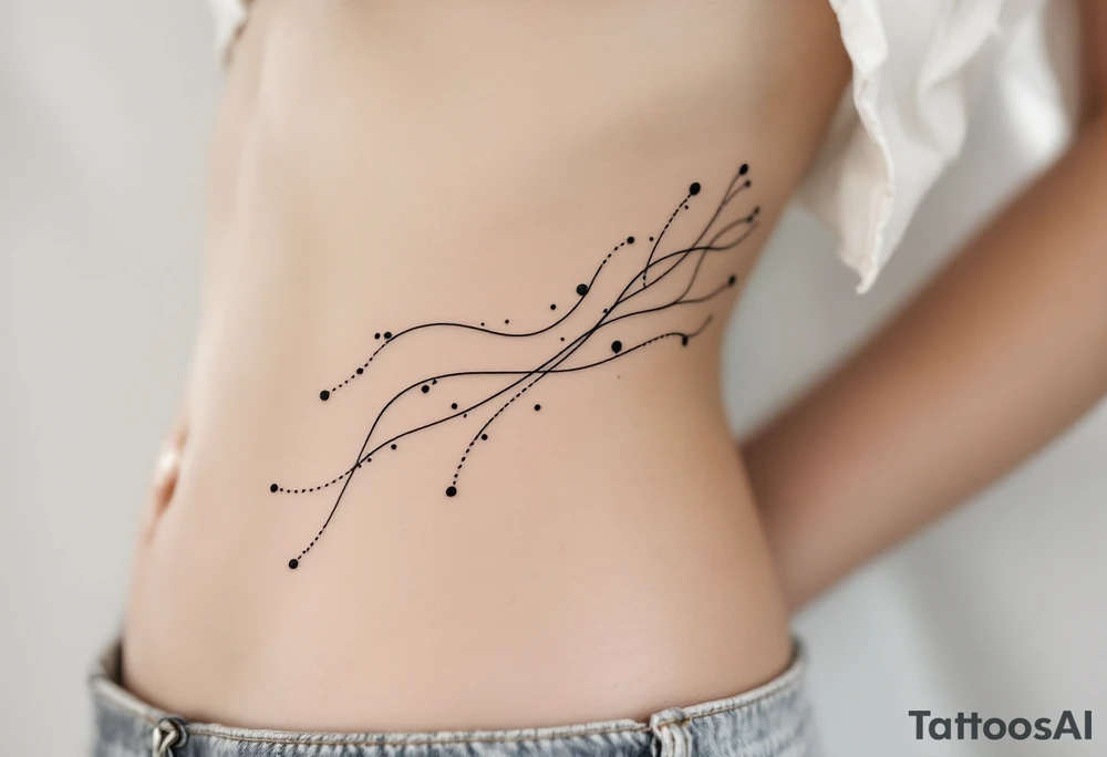 A delicate, large-scale fine line tattoo on the side torso of a woman with fair skin, extending from the ribs to the hip. The design features flowing, abstract organic lines resembling underwater seaweed or jellyfish tentacles, with soft curvature and elegant movement. The black ink lines are thin and airy, creating a sense of fluidity and lightness. The tattoo combines abstract botanical and marine influences, with a sensual, feminine, modern aesthetic. Photorealistic style, high detail, natural lighting, soft shadows. tattoo idea